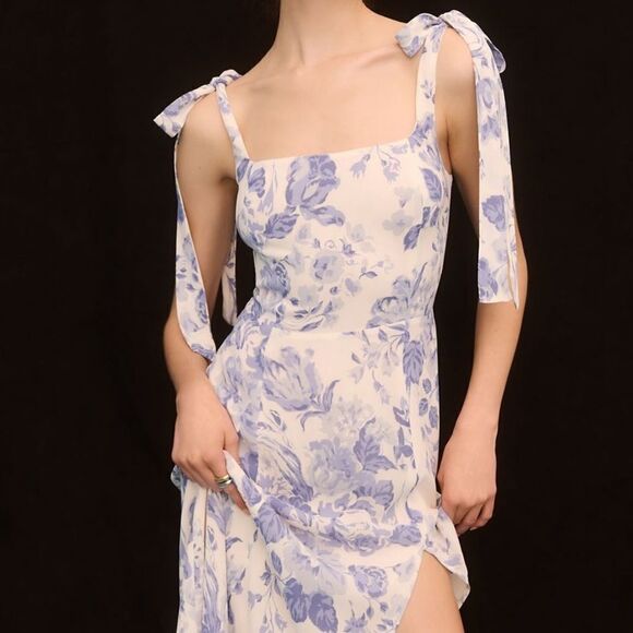 Reformation Twilight Dress In Lucerne White Blue Floral Midi Tie Straps - Picture 2 of 4